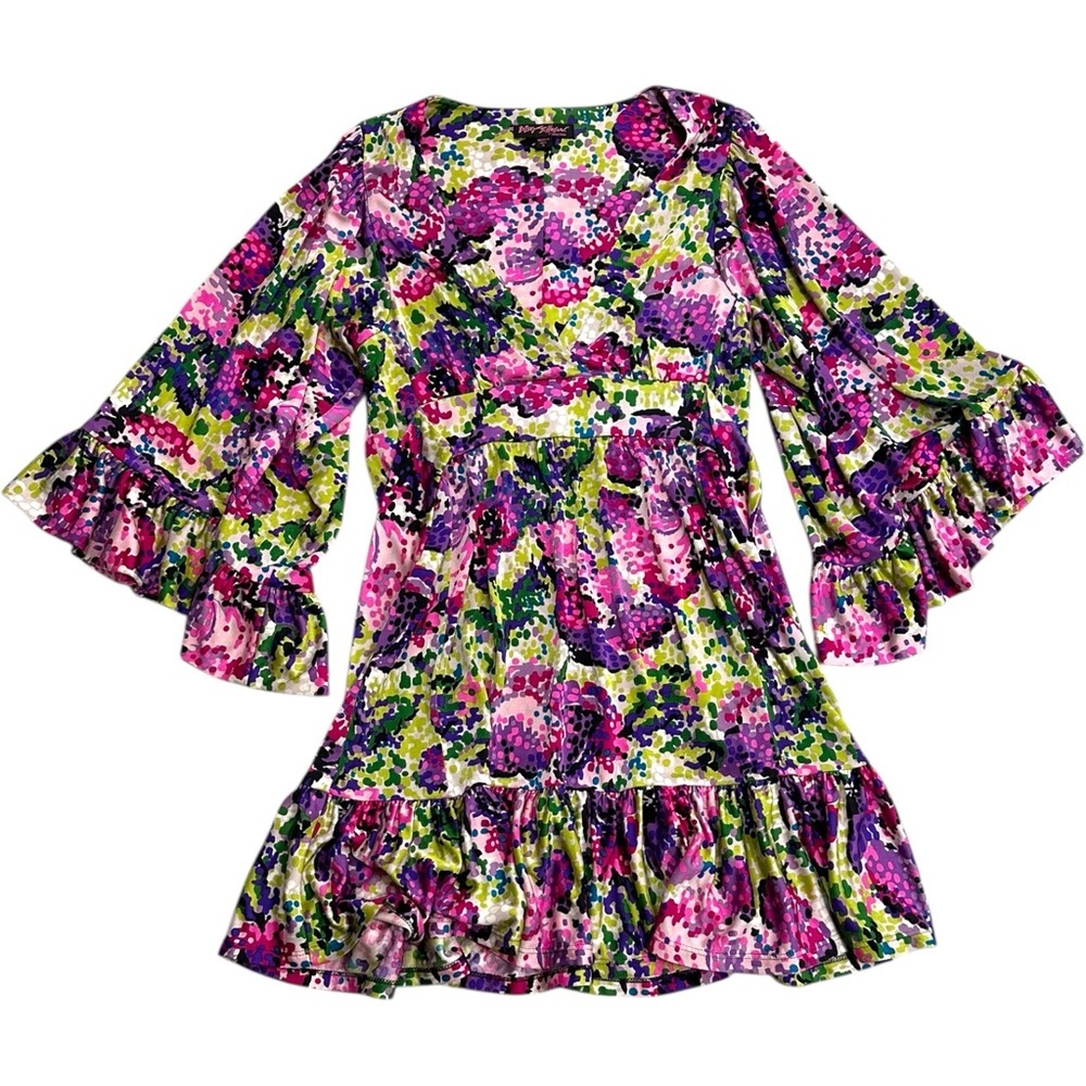 Betsey Johnson Pink Purple Floral Ruffles Dramatic Sleeves Dress Y2K Size 8